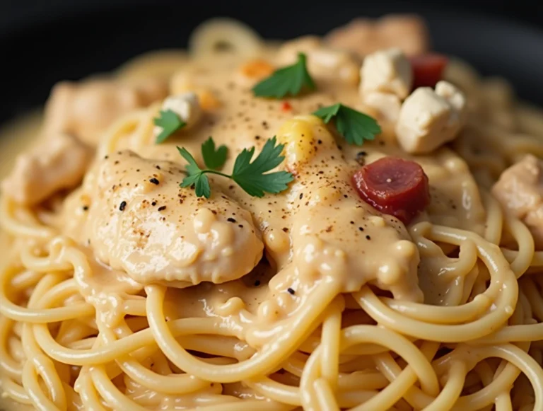 Creamy Crockpot Chicken Spaghetti